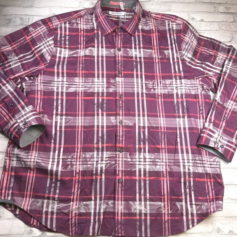 Tommy Bahama Shirt Mens XXL Rum Berry Plaid Palm Jacquard Silk Blend